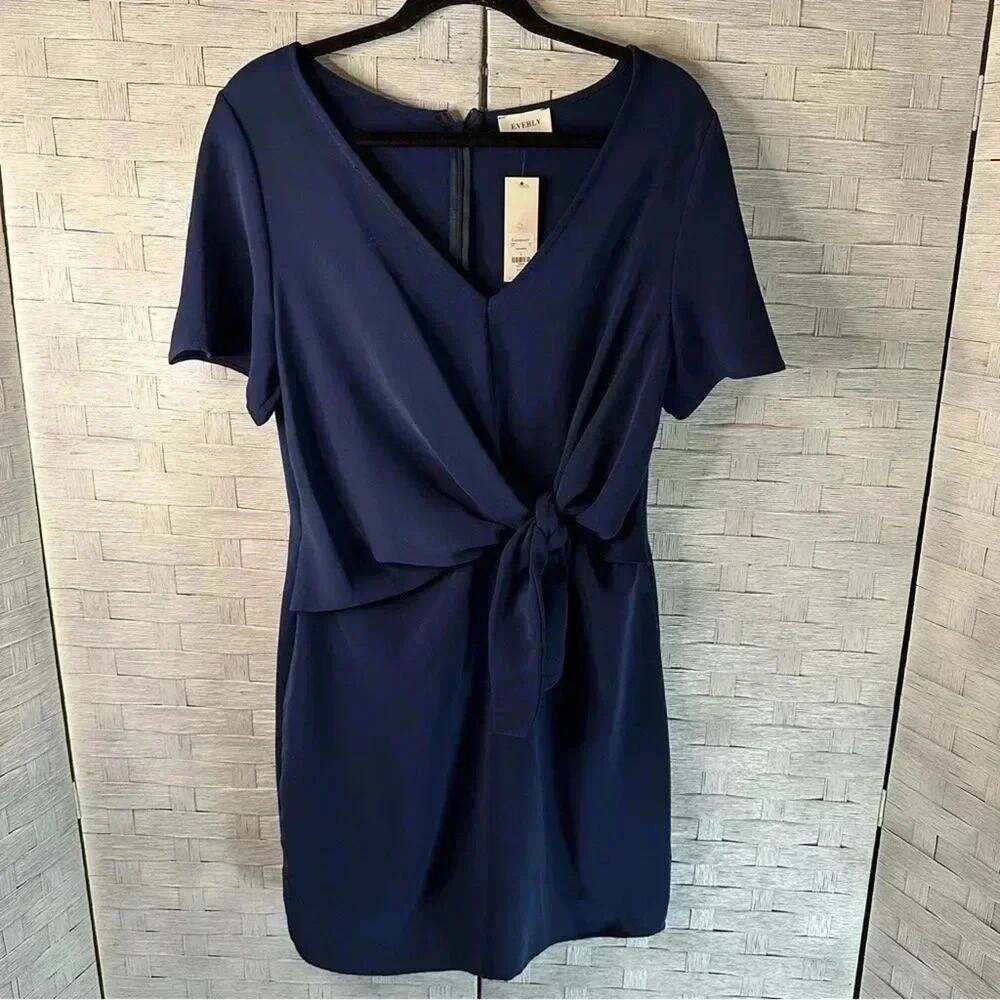 Everly Womens Dress Navy wrap style‎ Side tie minimalist career wear lightweight